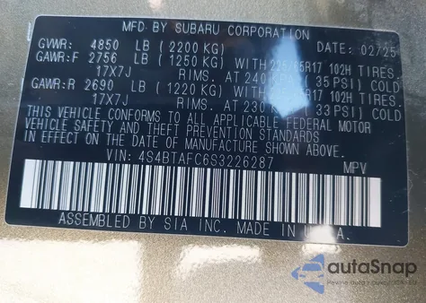 2025 Subaru Outback Premium z USA, uszkodzony, nr VIN 4S4BTAFC6S3226287